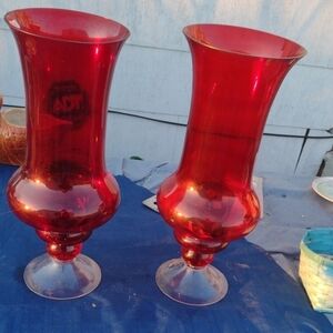 Elegant Red Glass Vases with Voltive Pair 17"H